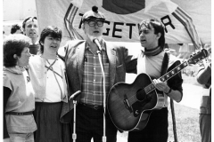 Rose (left) singing with Ed McCurdy (centre, \"Last Night I Had the Strangest Dream\") at a peace rally in Halifax, 1980s. 